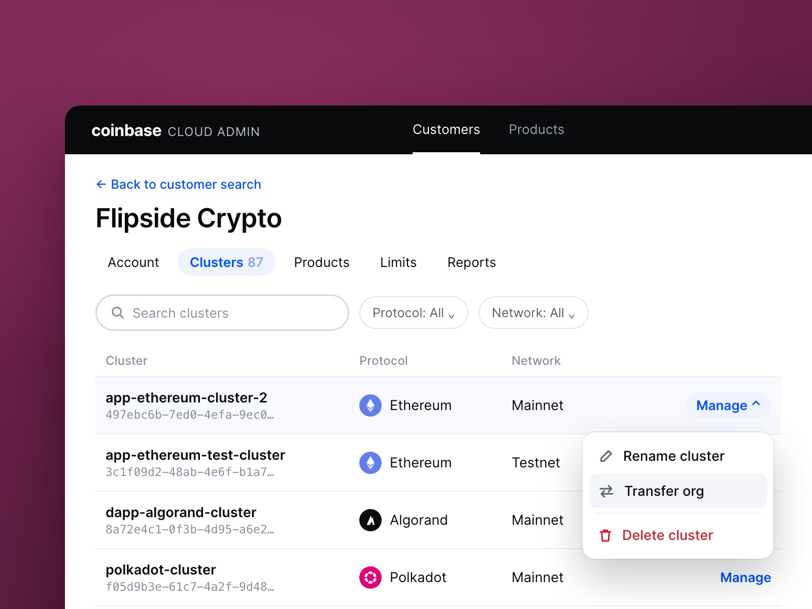 Coinbase Cloud Admin: a customer's clusters listed by protocol and network, with one cluster's Manage menu open to rename, transfer or delete it
