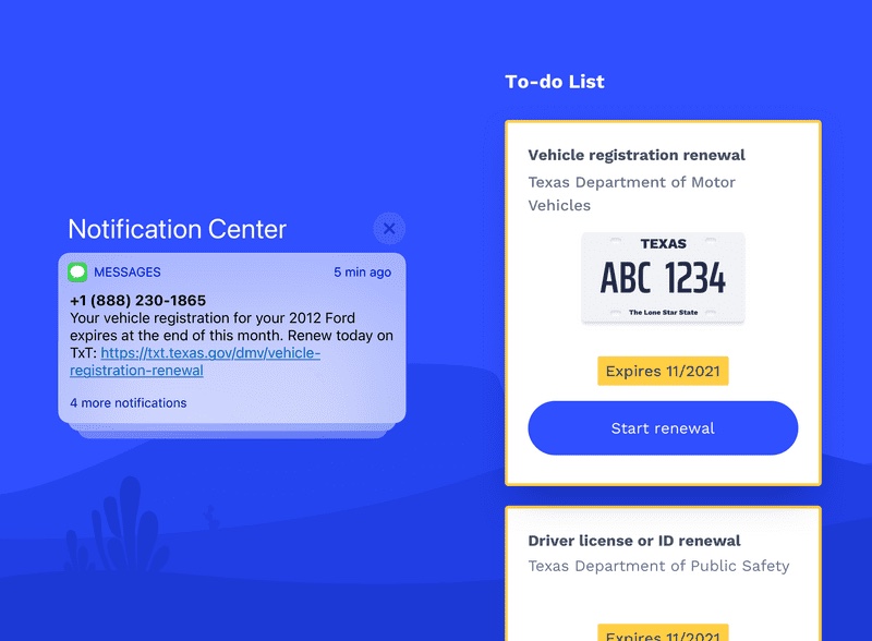 Texas by Texas: a text message reminder that a vehicle registration is expiring, beside the app's to-do list with a Start renewal button