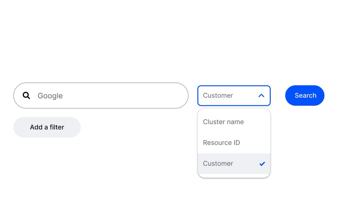 Exploration two: a query builder with a search field, a dropdown to pick cluster name, resource ID or customer, and an add a filter button.