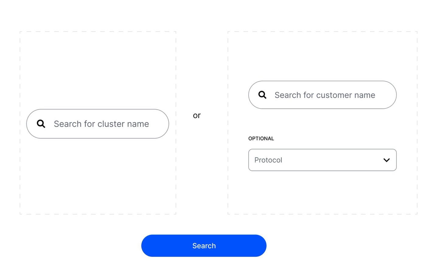 Exploration three: search for a cluster name on the left, or search for a customer name with an optional protocol filter on the right.