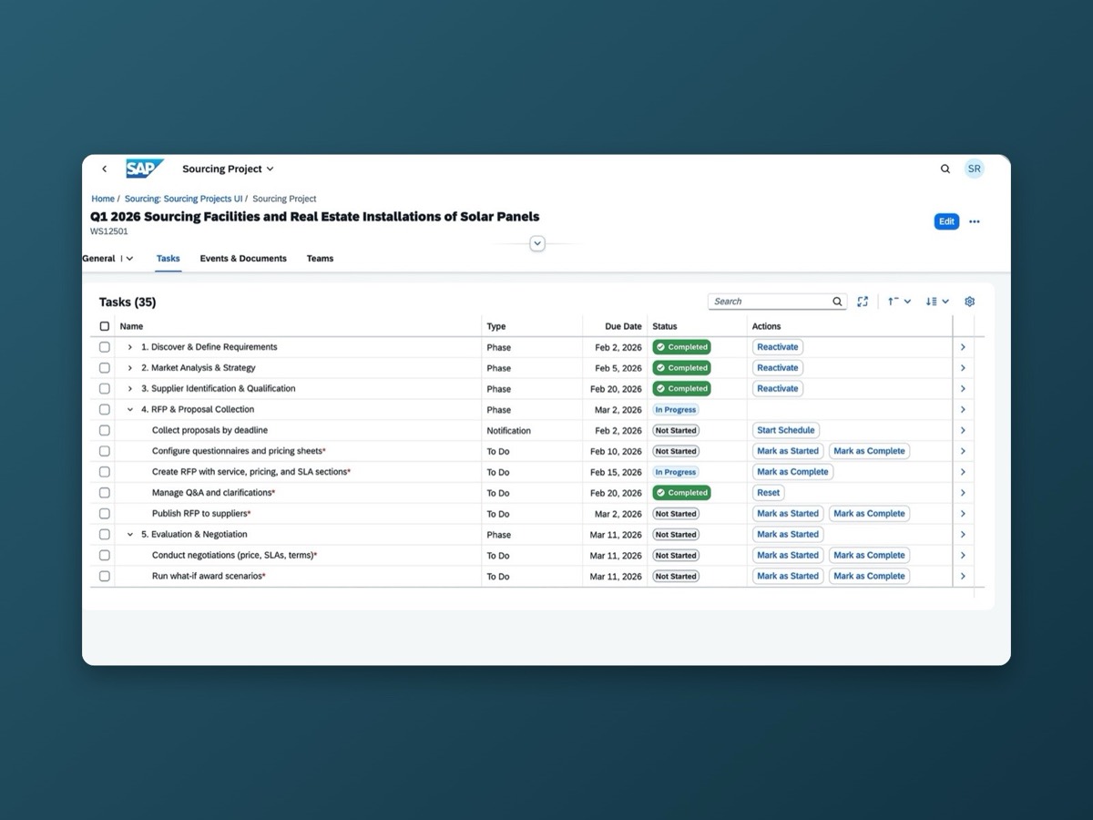 SAP Ariba Sourcing: a sourcing project with its phases and tasks in a table, each with a status and actions